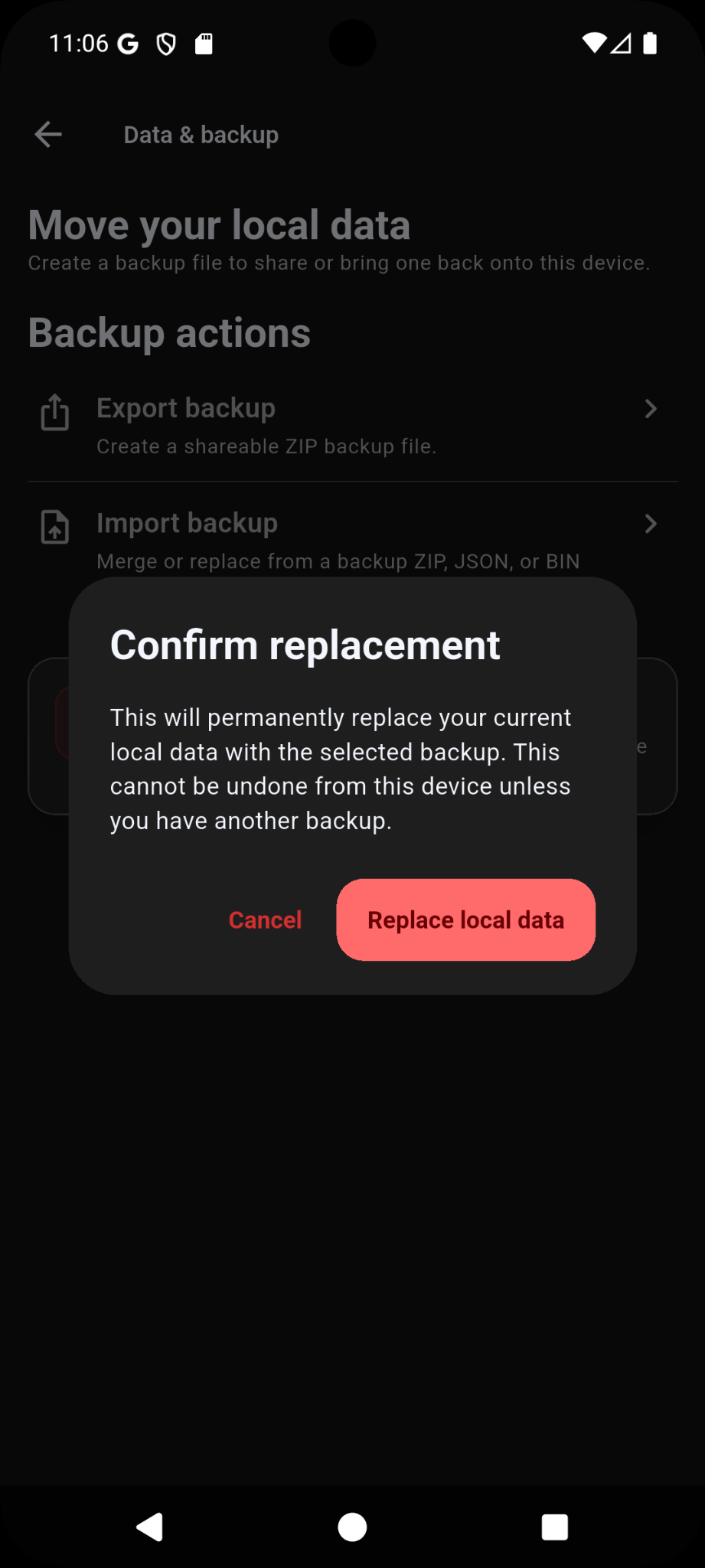 Confirm replacement dialog for backup restore in Ironlytics