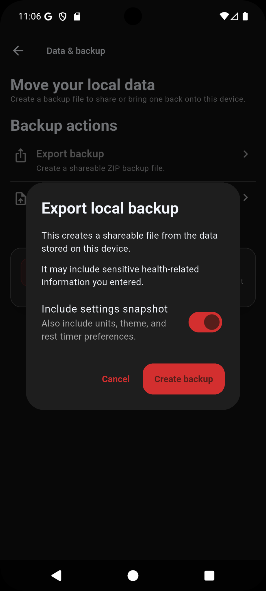 Export local backup dialog in Ironlytics