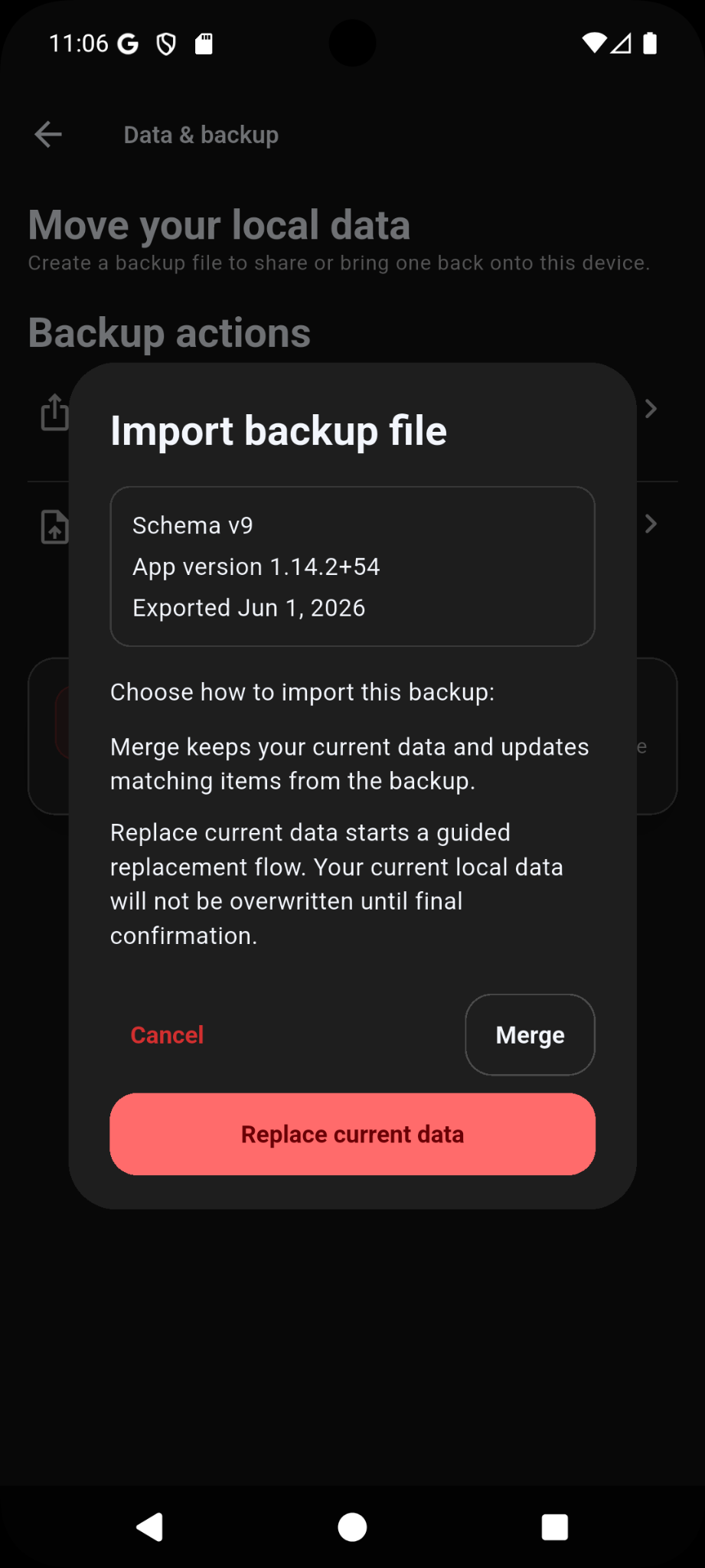 Import backup dialog in Ironlytics