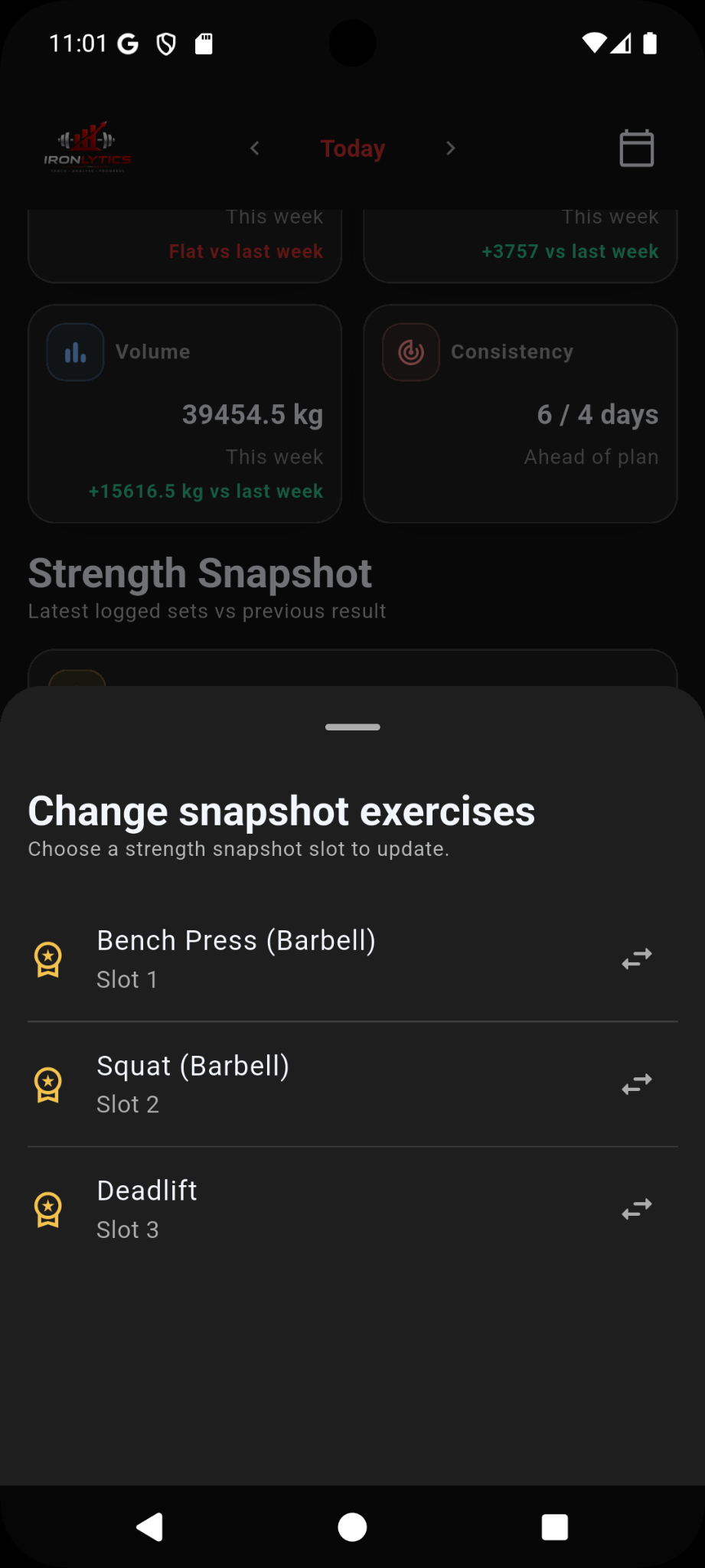 Strength snapshot exercise selection bottom sheet