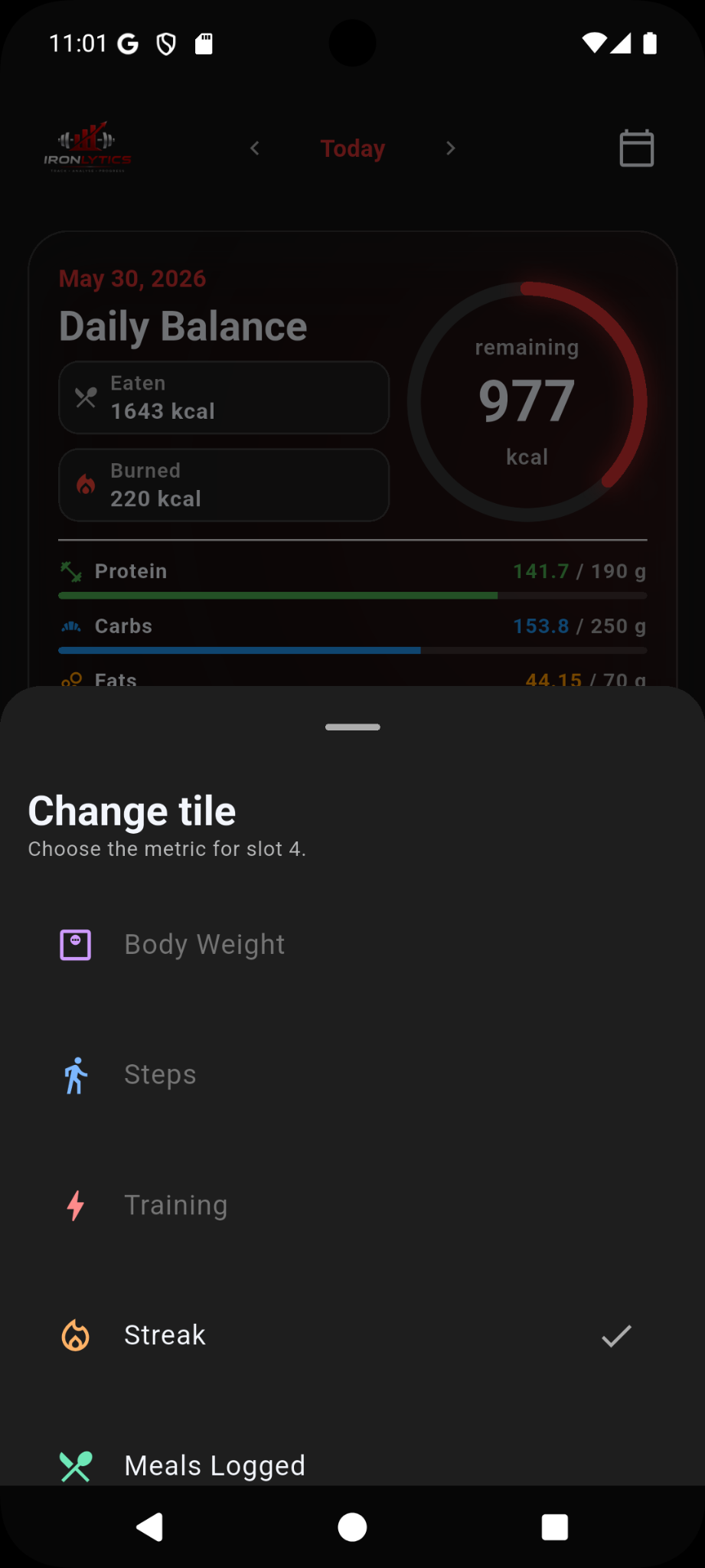 Dashboard tile selection bottom sheet