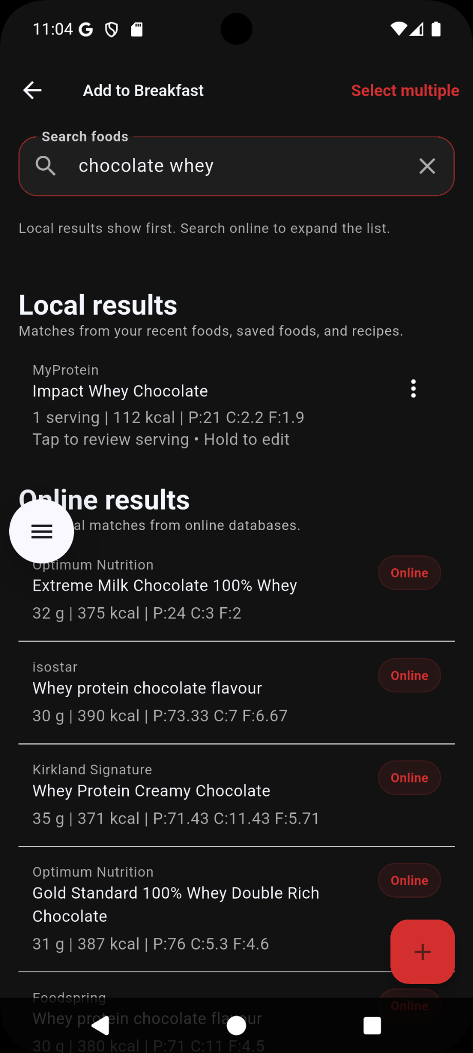 Food search screen showing local and online results