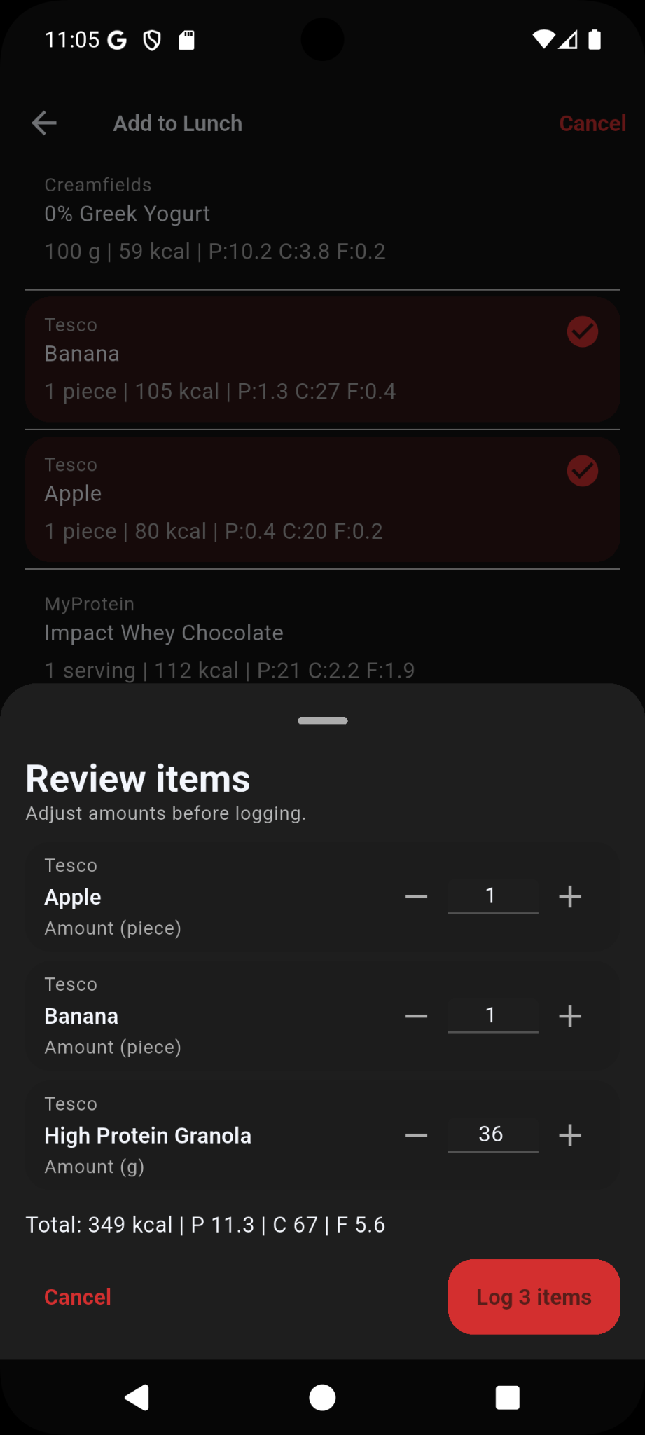 Multi-item review sheet for food logging