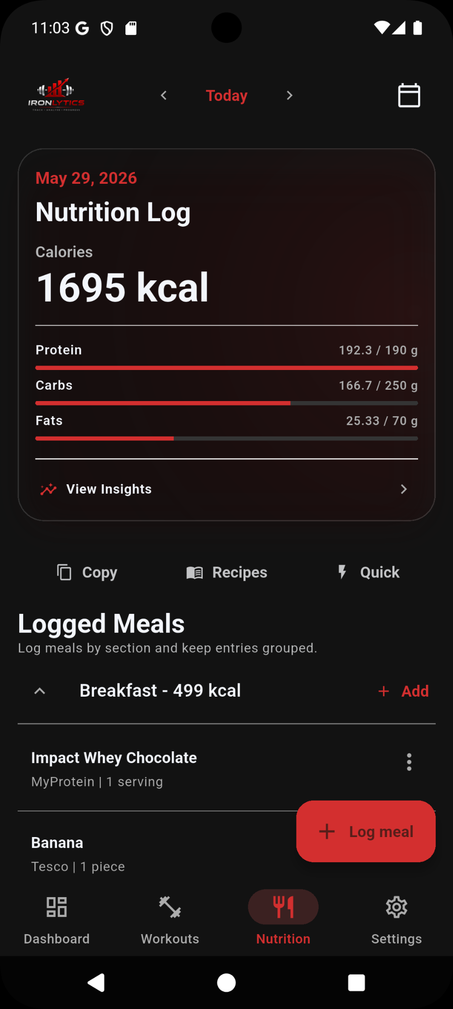 Nutrition log screen in Ironlytics