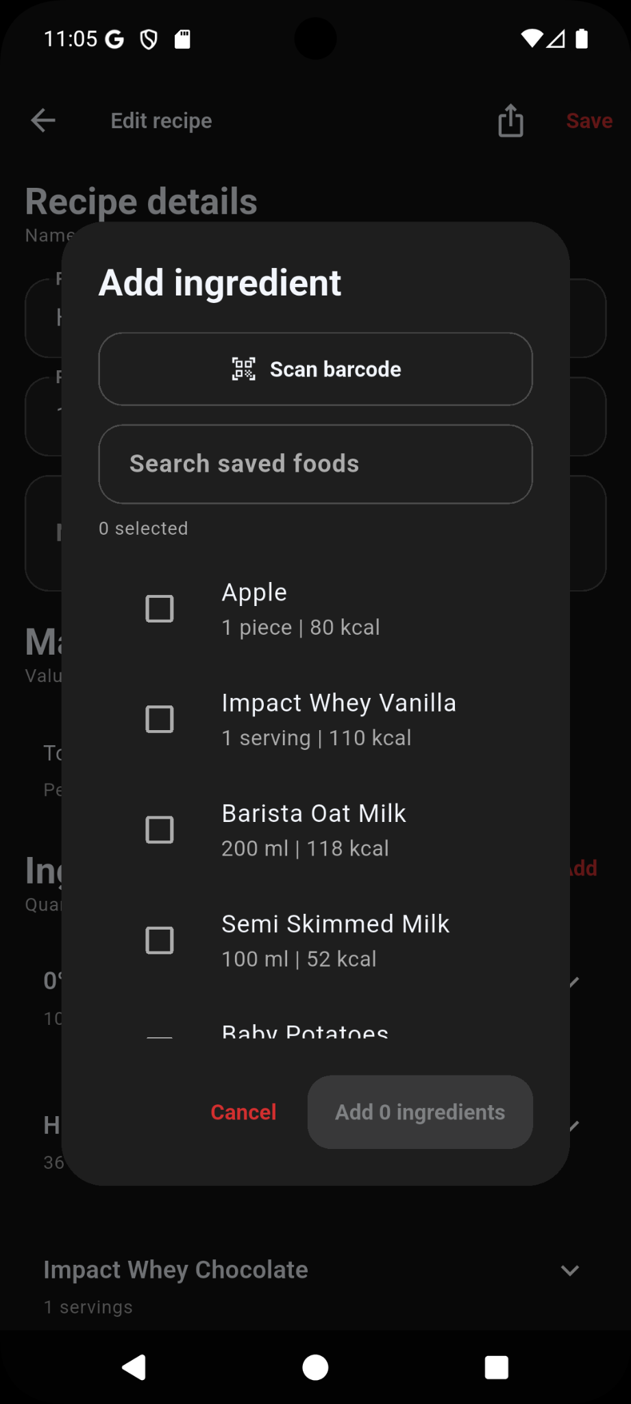 Recipe ingredient picker with barcode and saved foods options