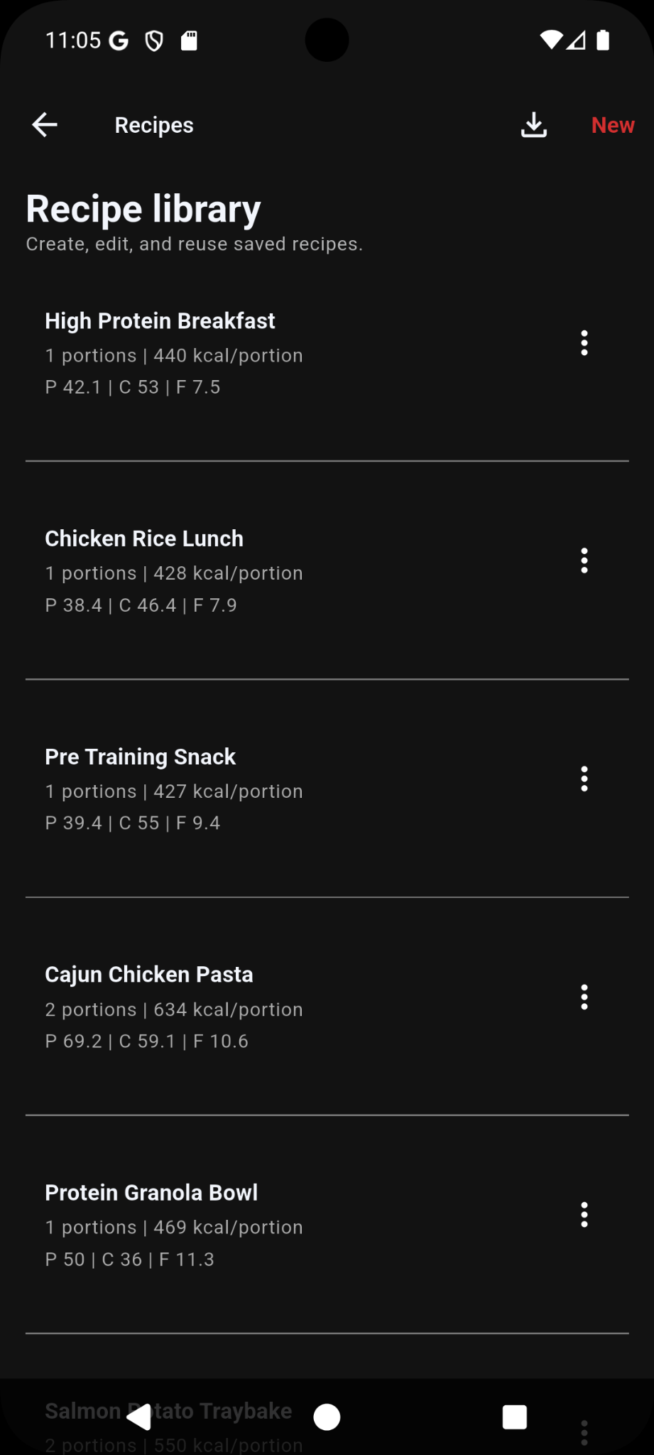 Recipe library screen in Ironlytics