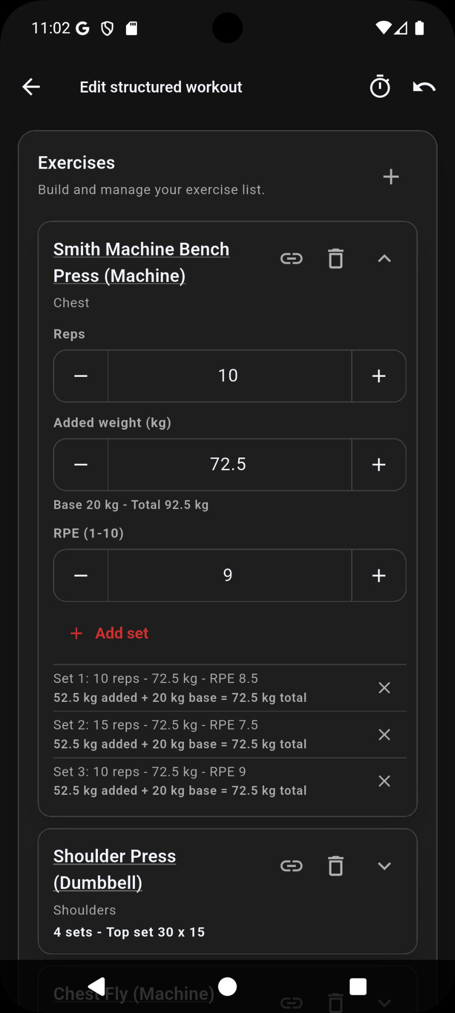 Detailed structured workout exercise card in Ironlytics