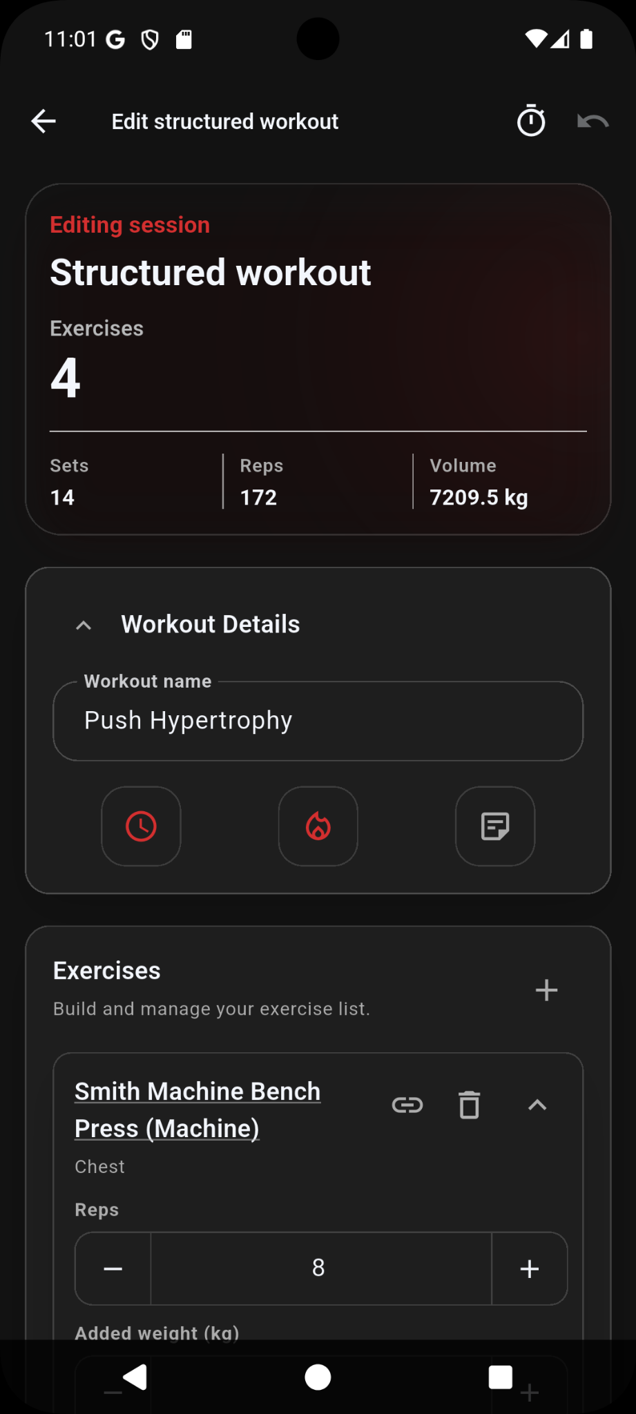 Structured workout screen in Ironlytics