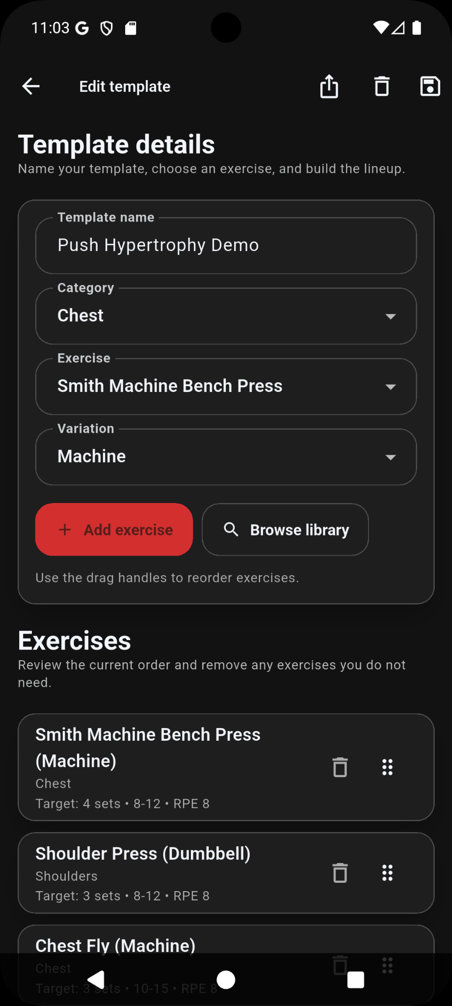 Workout template editor in Ironlytics