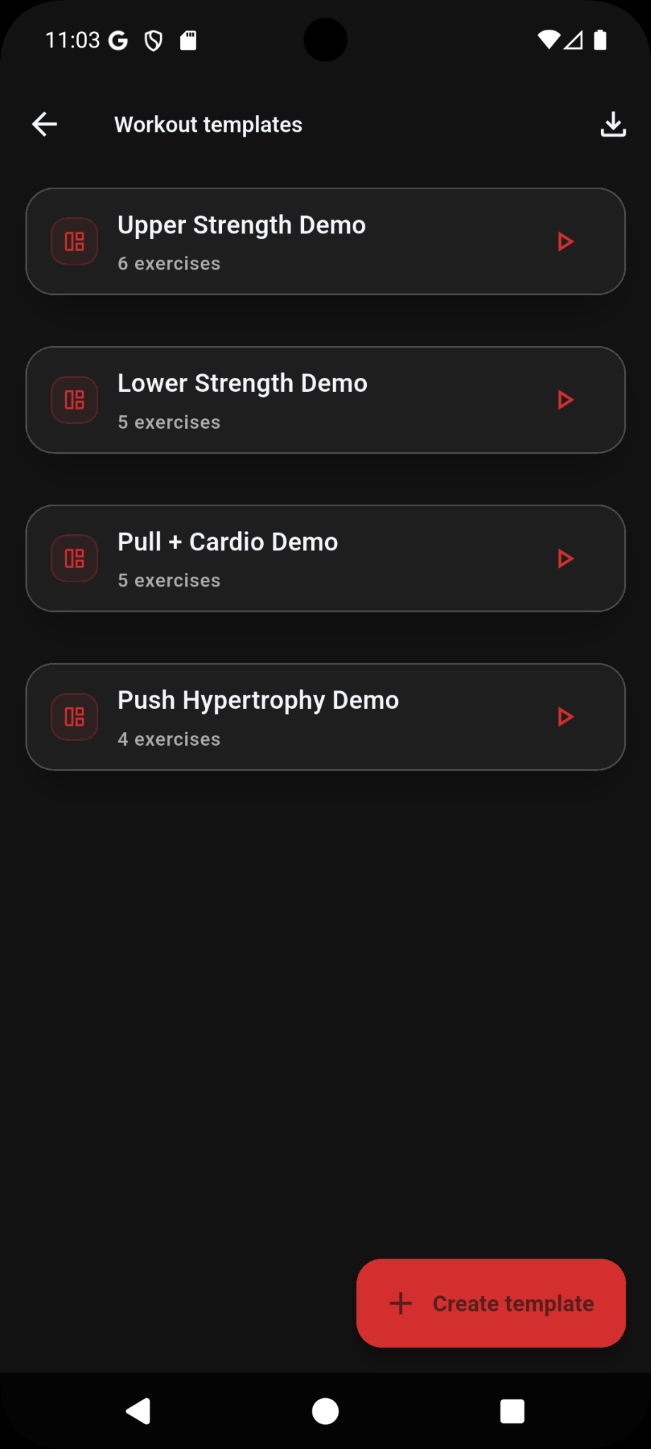 Workout templates list in Ironlytics